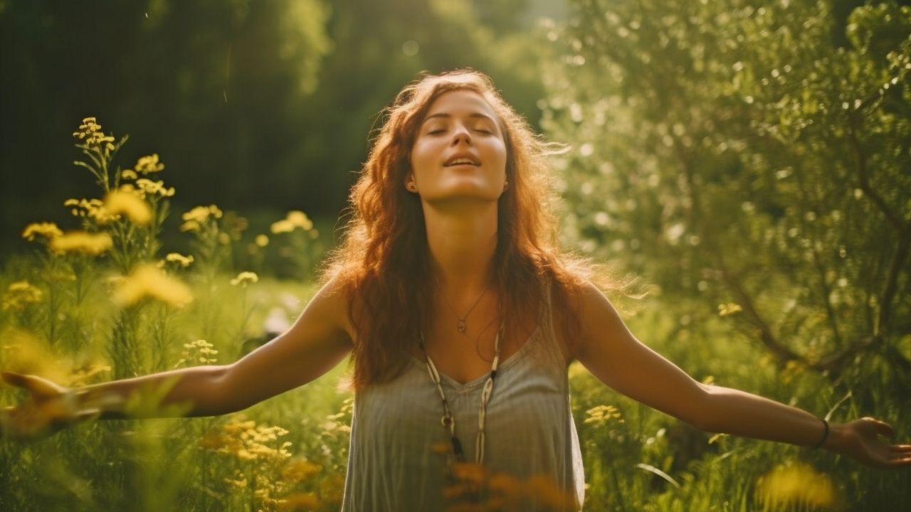 generative-ai-woman-breathing-outdoors-with-wide-arms